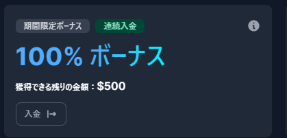 期間限定入金ボーナス：100％など